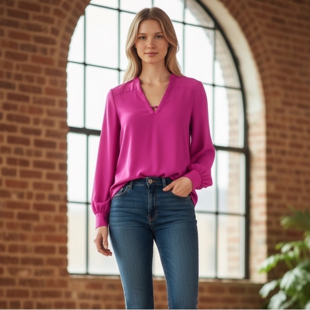 Diane Von Furstenberg Blouse Women's Hot Pink V-neck W/Button Long Sleeve Size-0